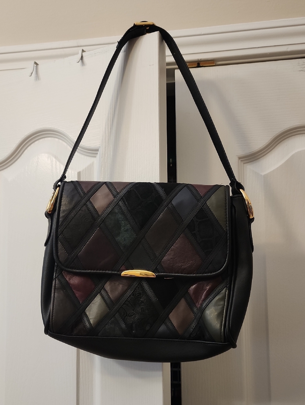 Vintage CABIN CREEK Black Multi Color Patchwork Leather Shoulder Bag/Purse (EB4)